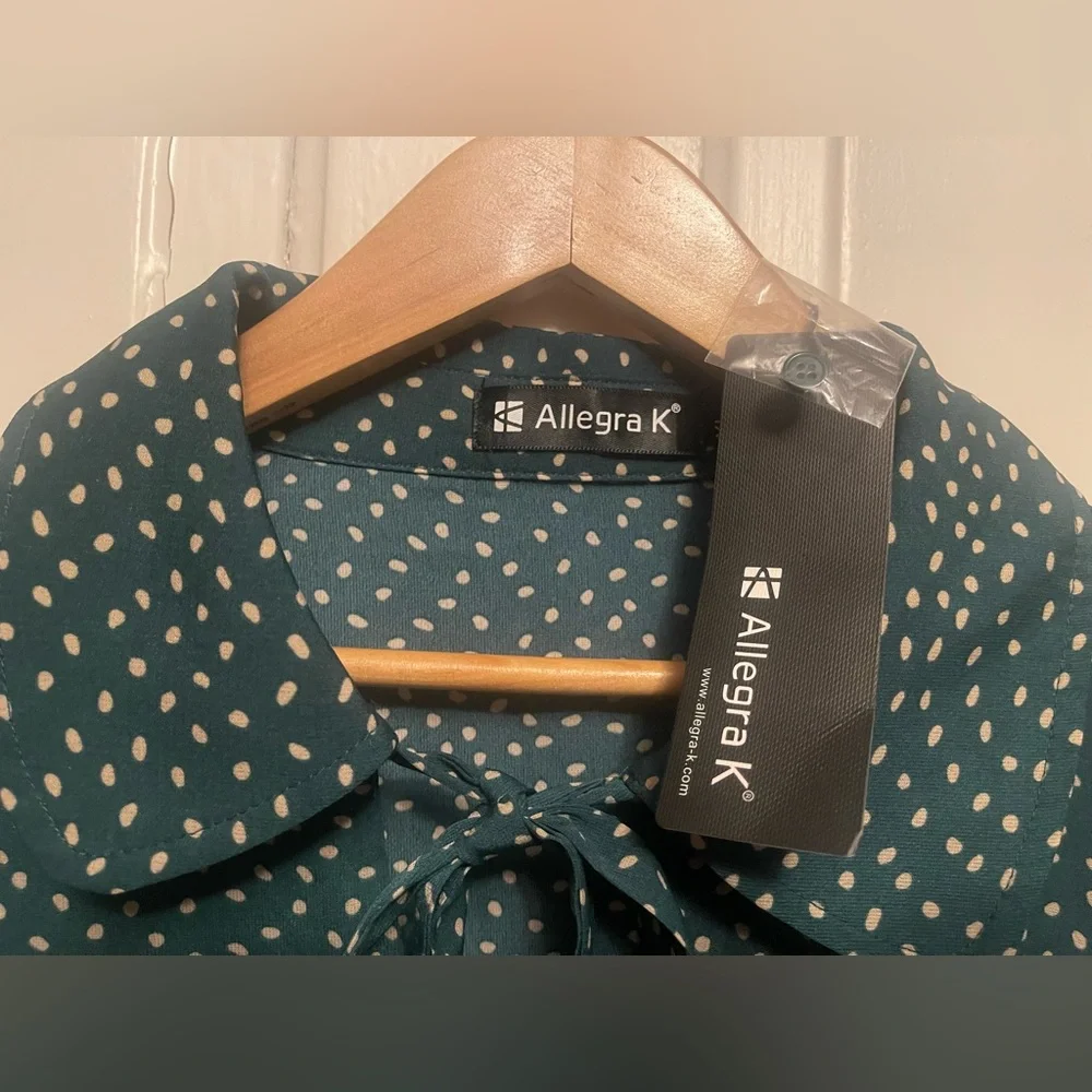 NWT Allegra K Teal and White Polka Dot Blouse - Picture 8 of 14